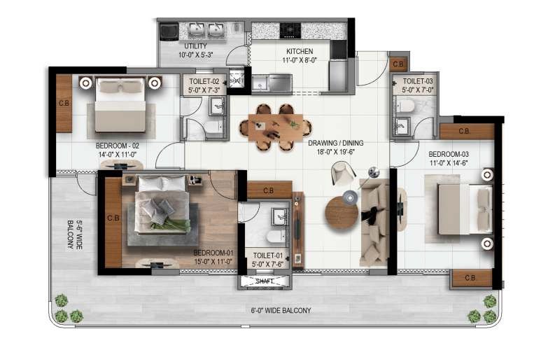 3 BHK Unit B floor plan, 2032 sq ft