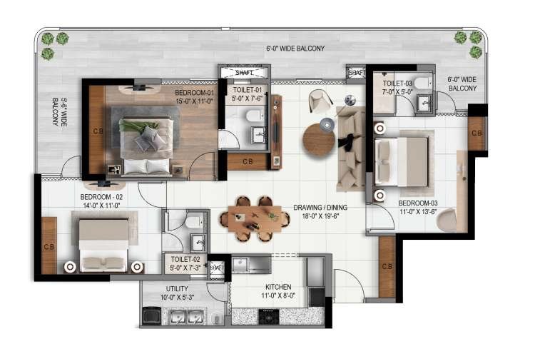 3 BHK Unit A floor plan, 2058 sq ft